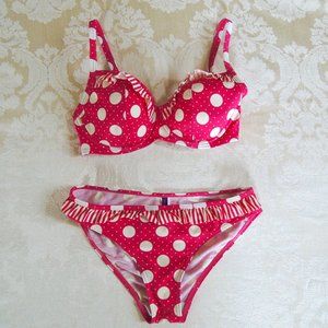 Figleaves Midnight Grace Pink & White Polka Dot Retro Ruffle Bikini 8 32E